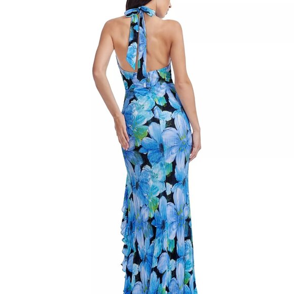 Dress the Population “Kathleen” Ruffle-Trim Halter Gown – Floral Print NWT L - Picture 2 of 4